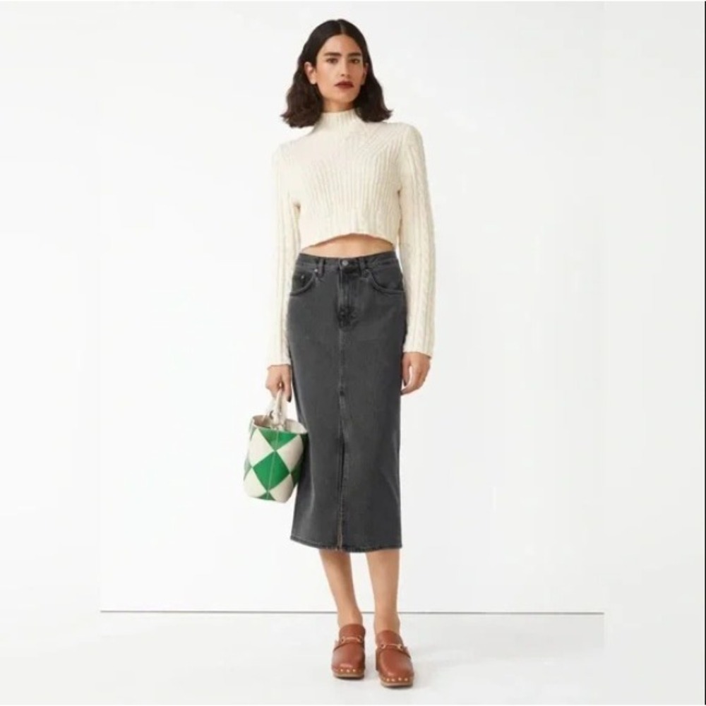 & Other Stories Washed Black Grey Straight Denim Midi Skirt Front Slit 0
